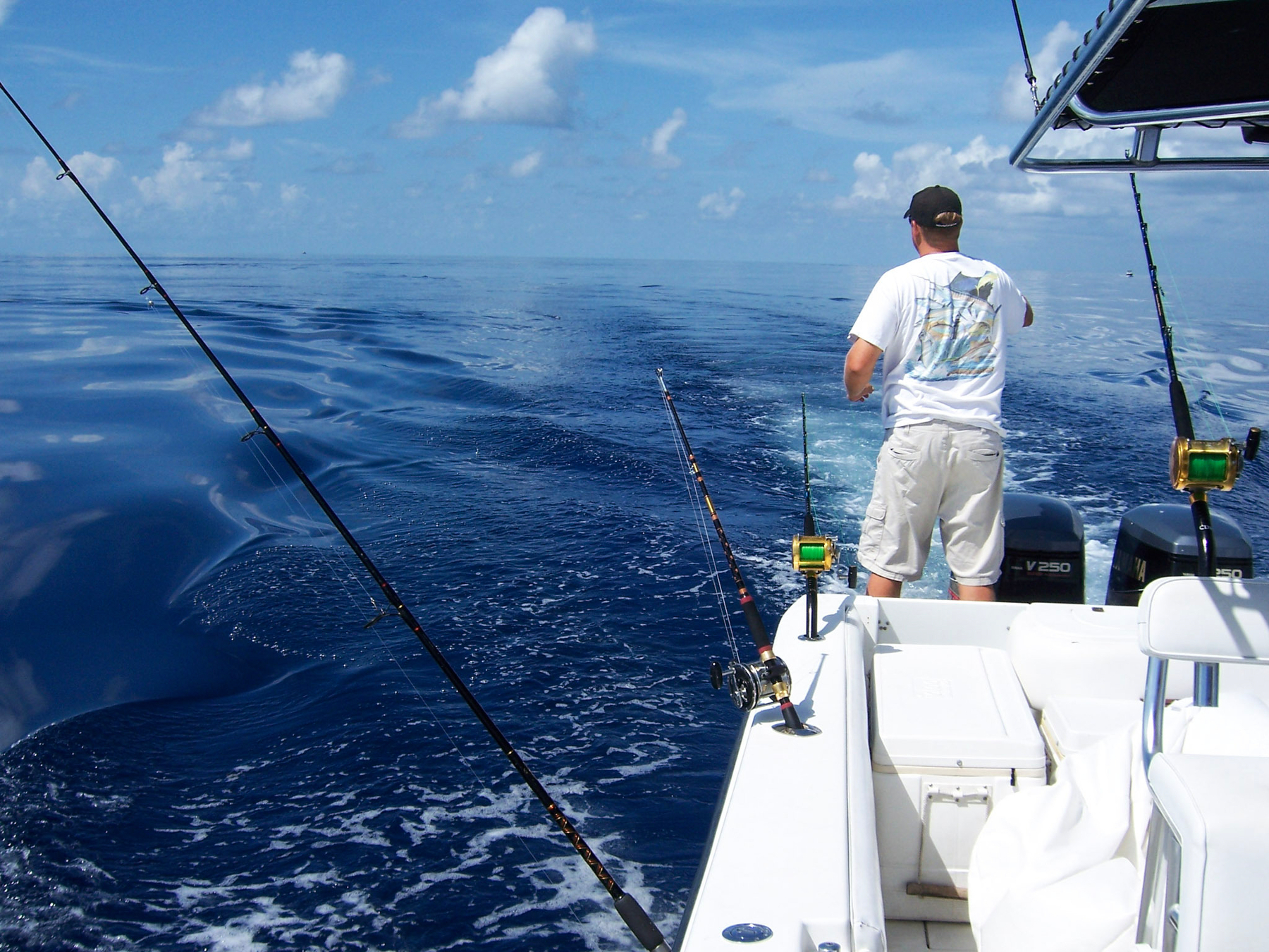 Auto-generated description: A person is fishing on a boat in the open ocean under a clear blue sky.